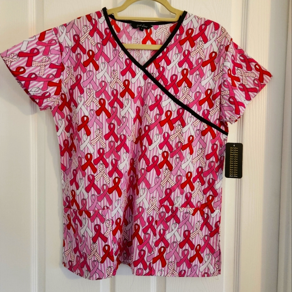 Just Love Pink Breast Cancer Scrub Top - Picture 1 of 4
